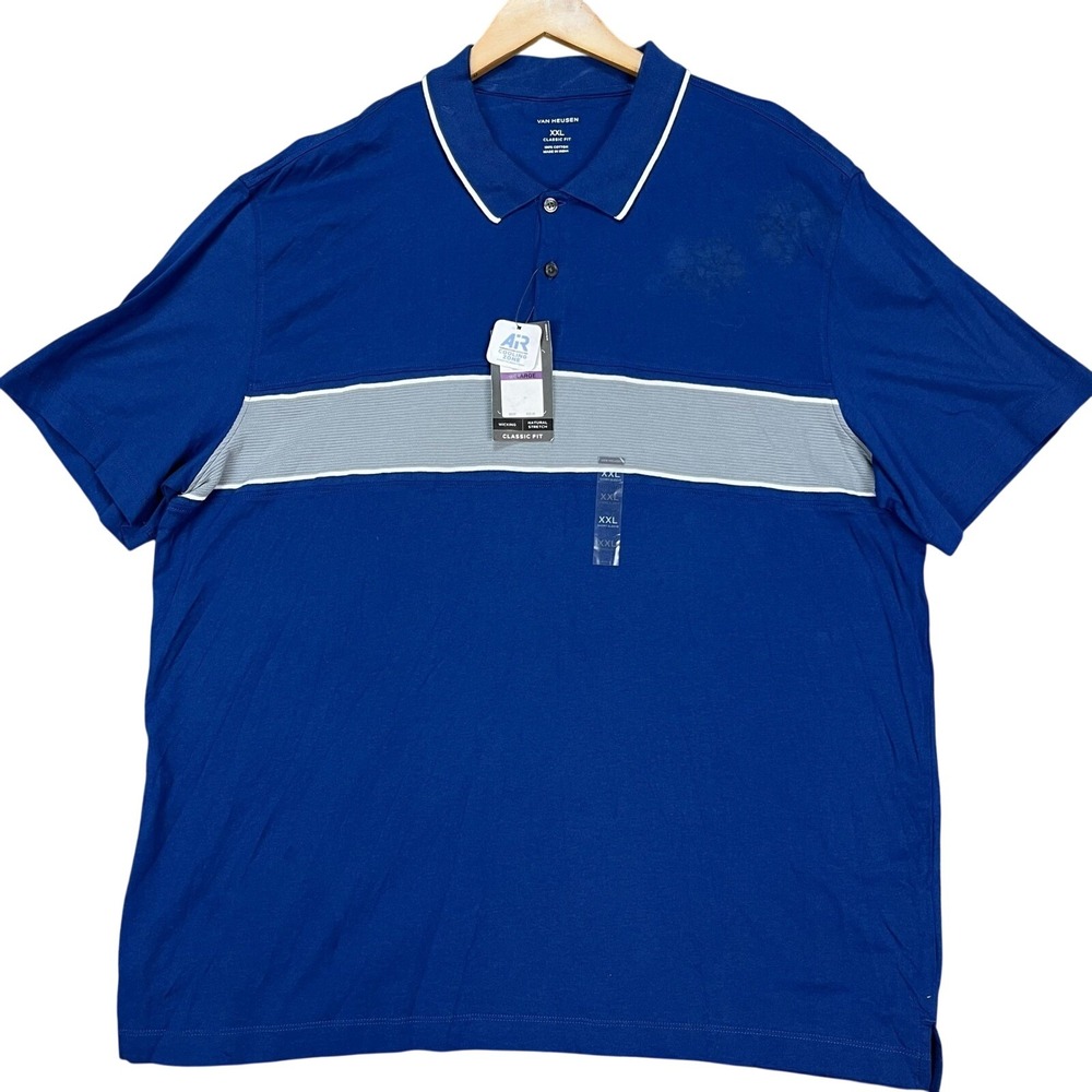 Van Heusen Polo Shirt Mens 2XL Royal Blue Short Sleeve Golf Performance STAIN